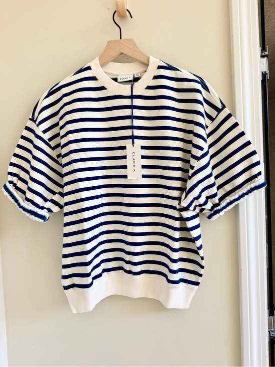 Clare V Tops - Striped Puff-Sleeve Sweatshirt - White & Navy